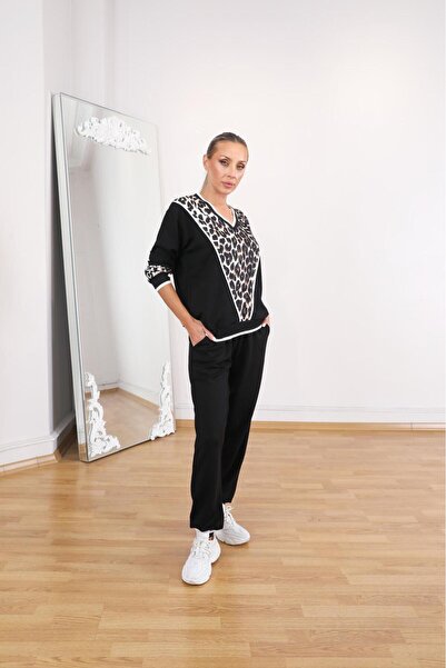 QİMYA BUTİK Buketli̇ Women's V-Neck Top with Long Sleeves and Leopard Print Pants - Top and Bottom Set