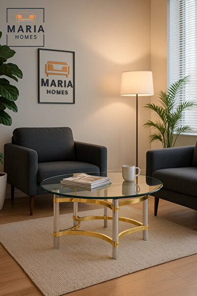 MARIA HOMES Luxury Round Glass Coffee Table 90×90×45 cm with Gold Stainless Steel and Acrylic Legs