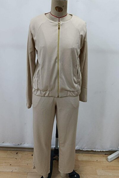 Mossta Front Zippered Modal Jacket and Pants Two-Piece Set - Beige