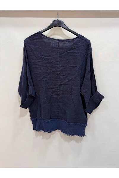 della moor Navy Blue Italian Tassel Detail 4/3 Sleeve Casual Linen Blouse