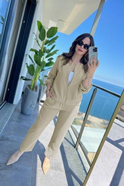 Mossta Front Zippered Modal Jacket and Pants Two-Piece Set - Beige