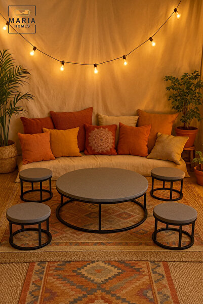 MARIA HOMES Modern Grey Round Coffee Table Set – Concrete Finish with Metal Base Living Room 5Piece