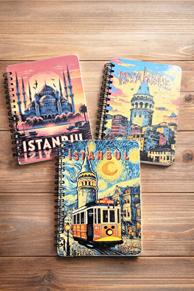 Mia Pera Simli 3 Lü Cep Defteri İstanbul Yeni Yıl Çizgisiz Spiralli 11x14,5 cm Taksim Tramvay Galata