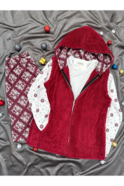 Lena Homewears Women's Soft Welsoft Fleece Hooded Vest Set 3-Piece Pajama Set