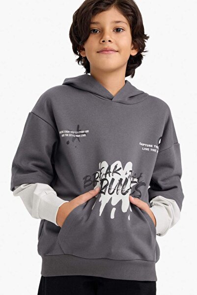 DeFacto Boy's Hooded Printed Soft Fleece Inside Sweatshirt G5558A825Cw