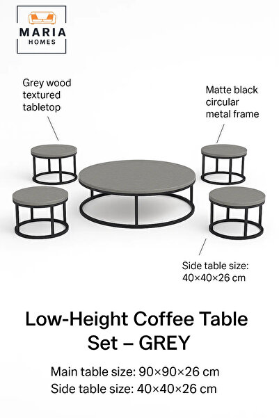MARIA HOMES Modern Grey Round Coffee Table Set – Concrete Finish with Metal Base Living Room 5Piece