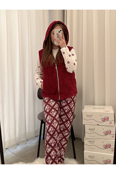 Lena Homewears Women's Soft Welsoft Fleece Hooded Vest Set 3-Piece Pajama Set