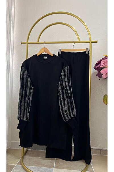 PALME D'OR Women's Glitter Balloon Sleeve Knitwear Trouser Set