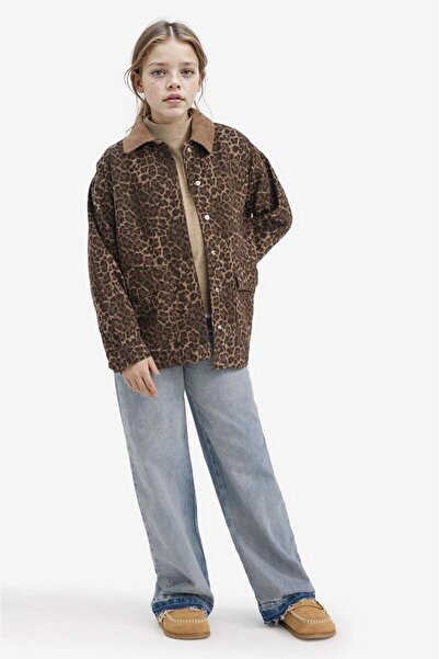 DeFacto Cămașă cu mânecă lungă din gabardină pentru fete Flare Fit imprimeu leopard G5389A825AU