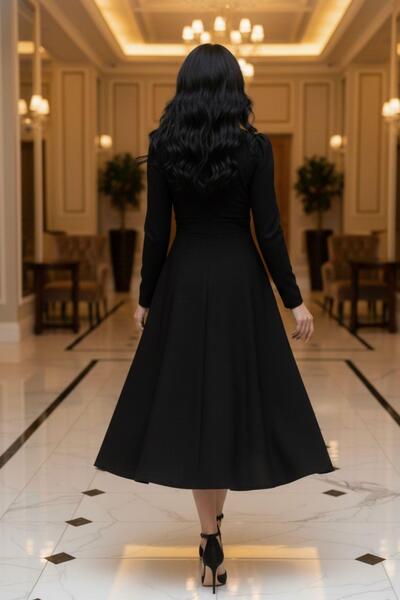 Mossta Elegant Waist-Sitting Midi Black Dress