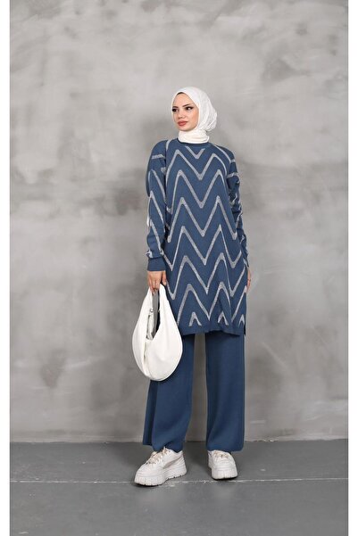 PALME D'OR Women's Silvery Zigzag Patterned Knitwear Trouser Set