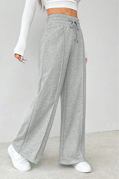 Hera Moda Women's Gray Extra High Waist 2 Thread Wide Leg Sweatpants