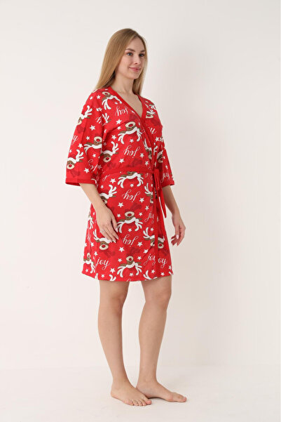 embody Women's Christmas House Coat with Merry Reindeer Print 3/4 red