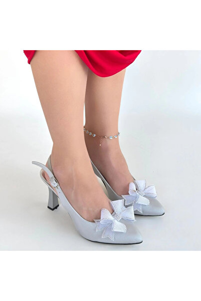 ZENGEZUR MALL Drnds Mewi Silver Satin Heeled Shoes (220903) (Size: 37)