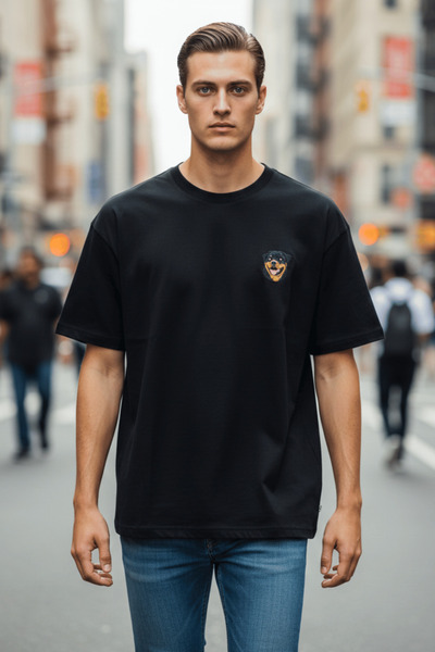 Trampoline Dog Embroidered Black Oversized T-Shirt – Relaxed Fit, Stylish Des...