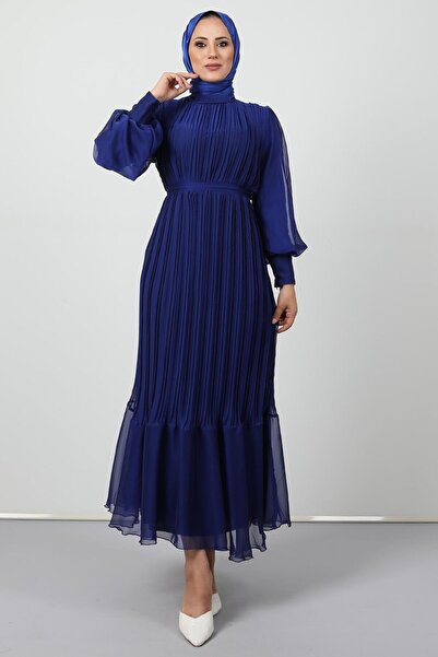 GİYZAMİLA Pleated Janjan Evening Dress Midnight Blue
