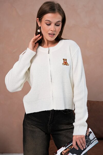 Noi Belis Basic Zippered Teddy Bear Embroidered Knitwear Cardigan Aw25Hi0062