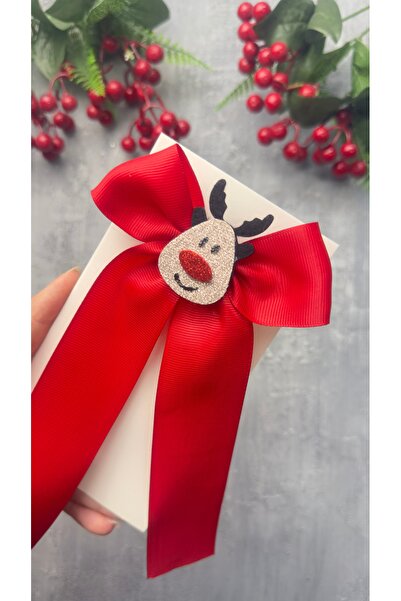 Toka Perisi Handmade Christmas Red Ribbon Bow Deer Clip-On Buckle (6cm with Metal Clip)