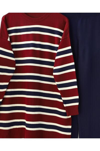 Modamorfo Round Neck Colorful Striped Casual Knitwear Set - Burgundy