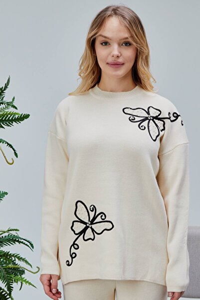 Jinx Wear Fashion Butterfly Lace Pearl Detail 2-Piece Acrylic Women's Knitwear Set