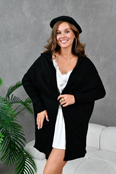Noi Belis Oversized Basic Hooded Midi Length Knitwear Cardigan Aw25Hi0060