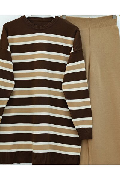 Modamorfo Round Neck Colorful Striped Casual Knitwear Set - Mink