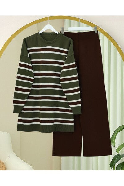 Modamorfo Round Neck Colorful Striped Casual Knitwear Set - Khaki