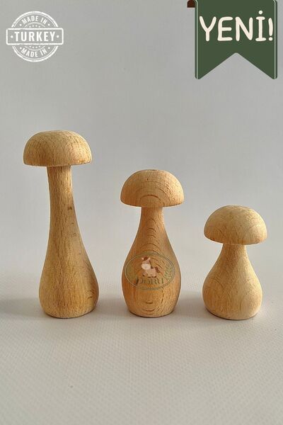 DORU Ham Ahşap 3lü Minik Mantar Set Bebek Odası Kahve Köşesi Dekor Ahşap Boya...