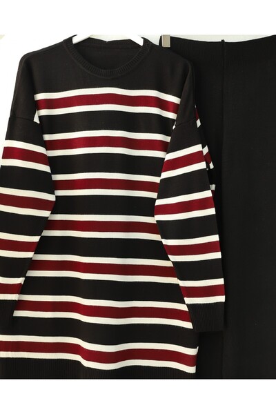 Modamorfo Round Neck Colorful Striped Casual Knitwear Set -Black