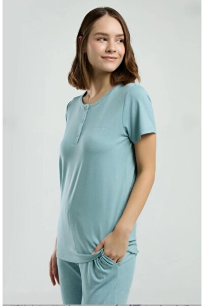 Pierre Cardin Water Green Buttoned Short Sleeve Viscose Pajama Set Thpc9Cl88Pc