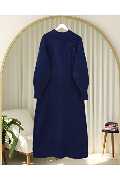 Modamorfo Corded Fabric Slit Long Knitwear Dress - Navy