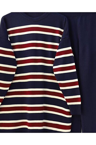 Modamorfo Round Neck Colorful Striped Casual Knitwear Set - Navy