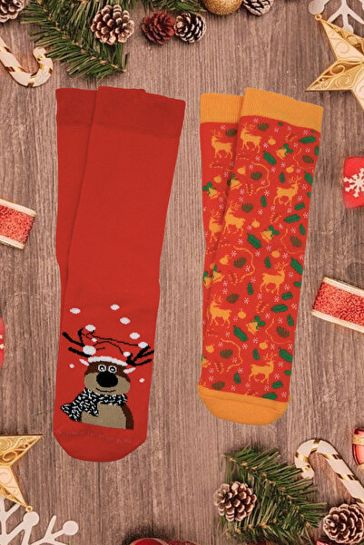 Sofist İstanbul Christmas Themed Cotton Towel Socks Set of 2 Soft Christmas Patterned Socks Set in a Special Gift Bag