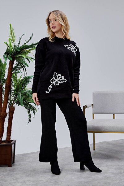 Jinx Wear Fashion Butterfly Lace Pearl Detail 2-Piece Acrylic Women's Knitwear Set