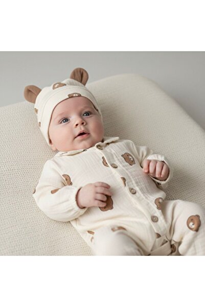 Genel Markalar MÜSLİN KUMAŞ 0-3 AY AYICIKLI TULUM VE ŞAPKA Ekru Renk