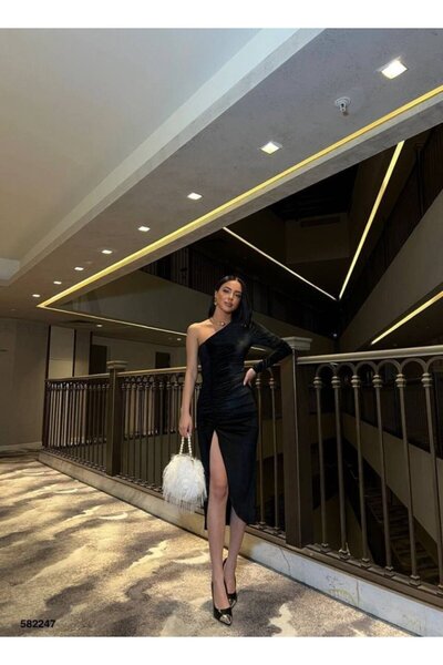 ermege Women's Long Sleeve Off-Shoulder Dress with Drawstring and Asymmetrical Slit Detail