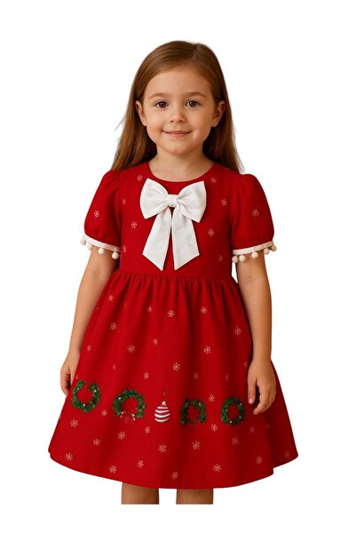 OEM Girls' dress - Festive Christmas pattern, red, with large bow and decorative details
