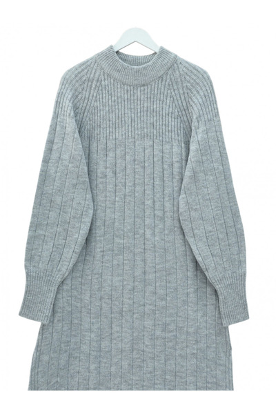 Modamorfo Corded Fabric Slit Long Knitwear Dress -Grey