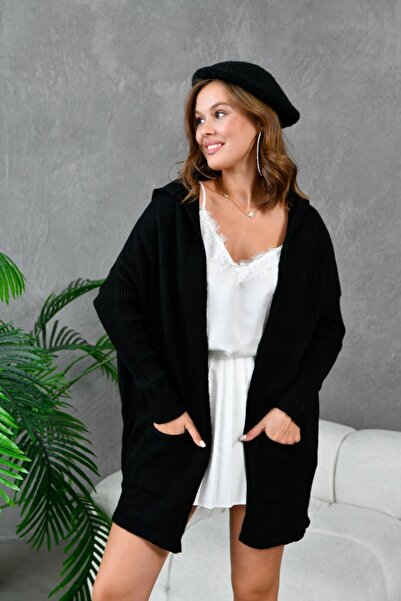 Noi Belis Oversized Basic Hooded Midi Length Knitwear Cardigan Aw25Hi0060