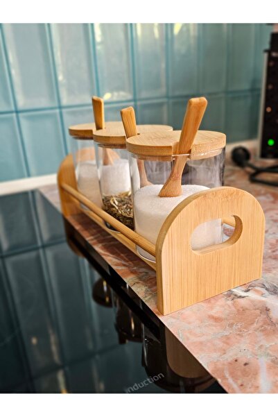 Casalina Set of 3 borosilicate glass spice containers with lids and 3 bamboo spoons