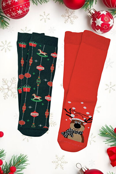 Sofist İstanbul Christmas Themed Cotton Towel Socks Set of 2 Soft Christmas Patterned Socks Set in a Special Gift Bag