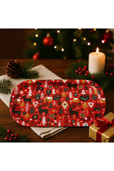 ATAGİFT HEDİYELİK Red New Year Pattern Metal Serving Tray, New Year Presentat...