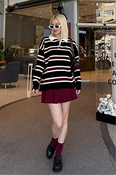 Elfin Striped Buttoned Polo Neck Women's Knitwear Sweater