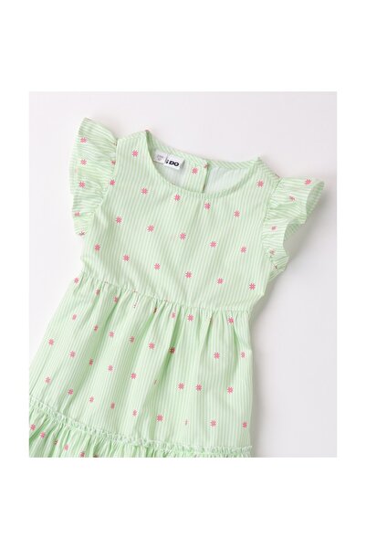 İDO I Do Girls' Dress - Butterfly Print, Knee-Length, 100% Cotton, Green, Size 116 cm