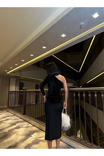 ermege Women's Long Sleeve Off-Shoulder Dress with Drawstring and Asymmetrical Slit Detail