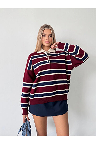 Elfin Striped Buttoned Polo Neck Women's Knitwear Sweater
