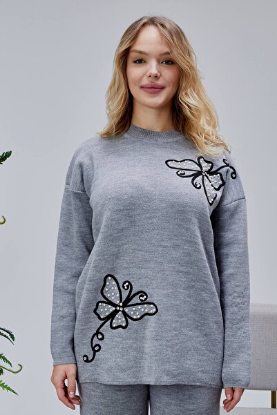 Jinx Wear Fashion Butterfly Lace Pearl Detail 2-Piece Acrylic Women's Knitwear Set