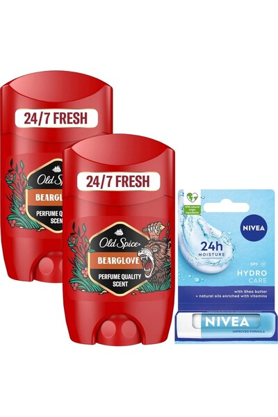 Old Spice Yeni Bearglove Erkek Deodorant Stick 50 ml 2 Adet + (NıveaDudak Kremi Renksiz)