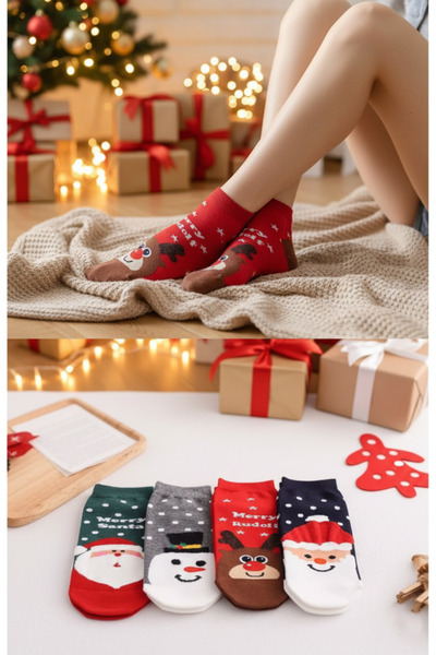 GLANZEND 1 Çift Yılbaşı Temalı Noel Baba Christmas Desenli Yılbaşı Çorap