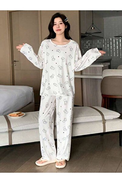 MEYLİYA Women's Long Sleeve Single Jersey Combed Cotton Pajama Set White Mini Bear Printed Pony